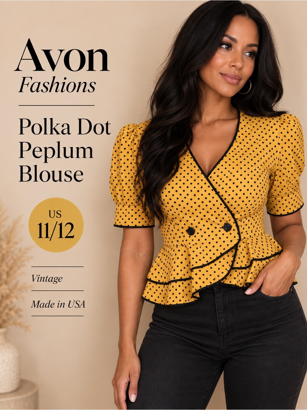 Vintage Avon Fashions Yellow Black Polka Dot Peplum‎ Blouse Size 11/12 USA